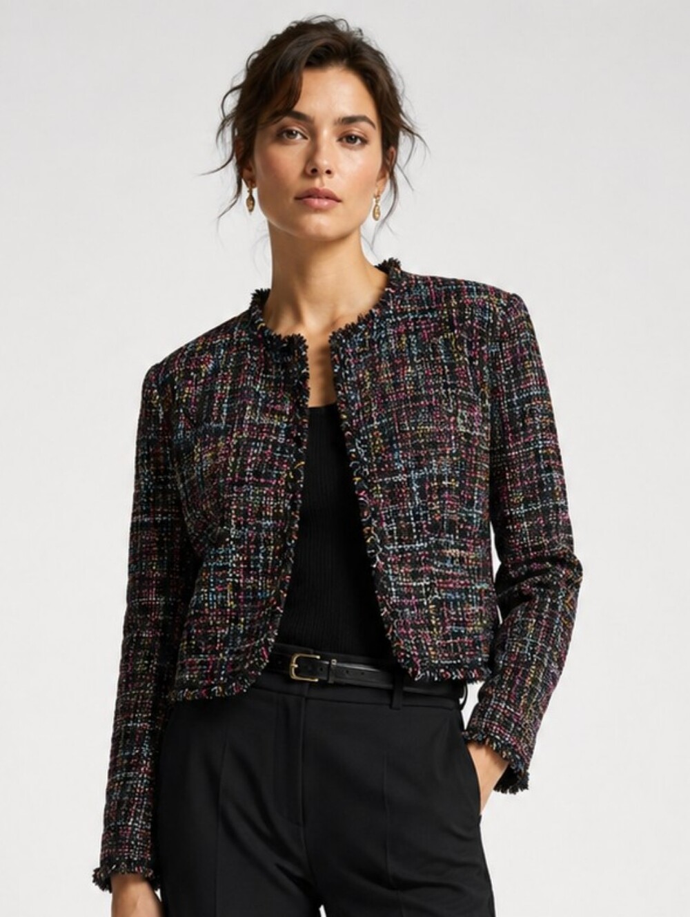 H&M Tweed Black Multi-color Fringe Blazer
